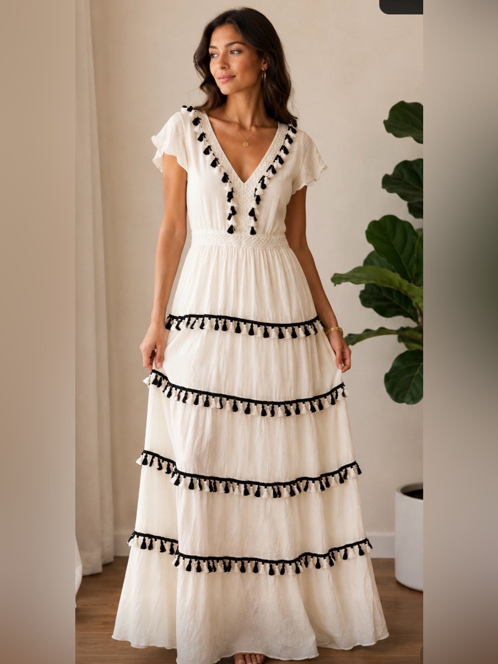 NWT Ina Boutique Ivory Black Tassel Lined Boho Maxi Dress Size L - Picture 1 of 3